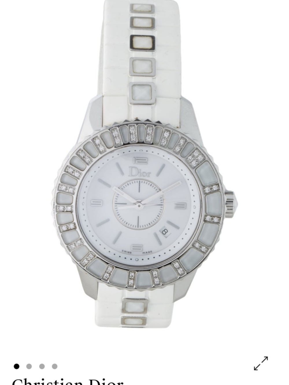 Dior White Ceramic and Silver Crystal Bezel Watch